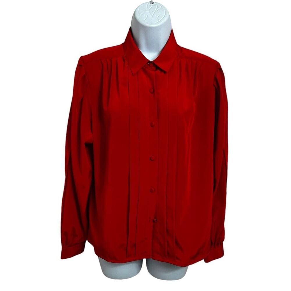 Vintage Chaus Red Button Front Blouse Sz Large Petite Long-Sleeve Top Pleated